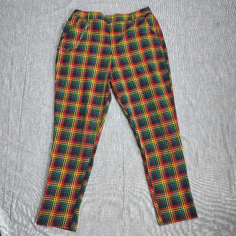 Hot Topic Plaid Trouser Pants Womens Size XL Black Red Yellow Pride Punk Rainbow